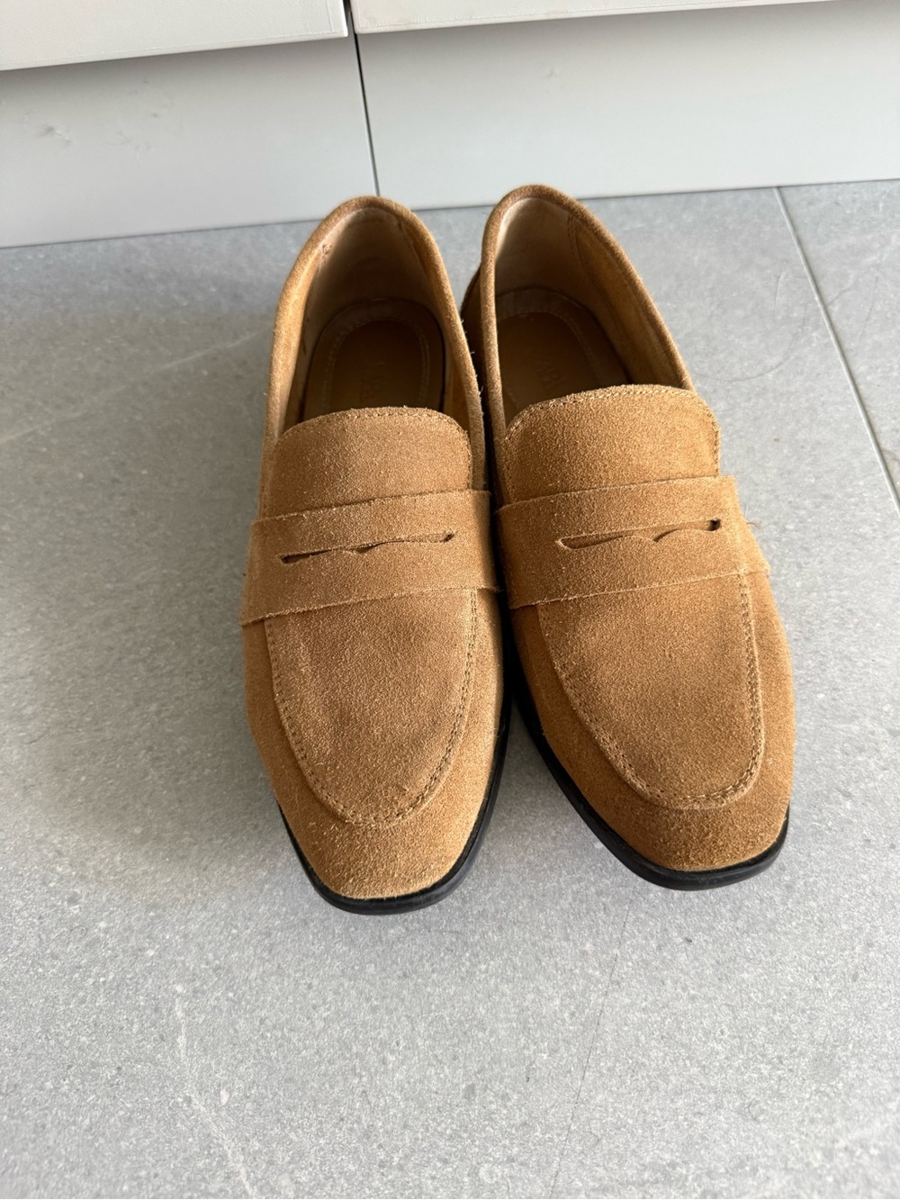Zara Suede Penny Loafers in Tan Brown
